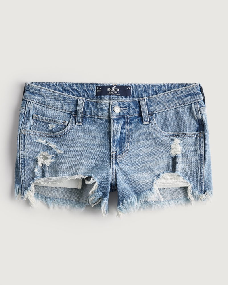 Women's Low-Rise Ripped Light Wash Denim Shorts 3 - Hollister Co.