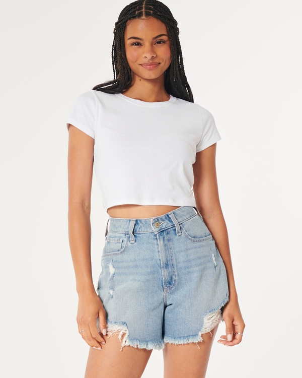 Ultra High-Rise Ripped Medium Wash Denim Mom Shorts, Medium Ripped Wash