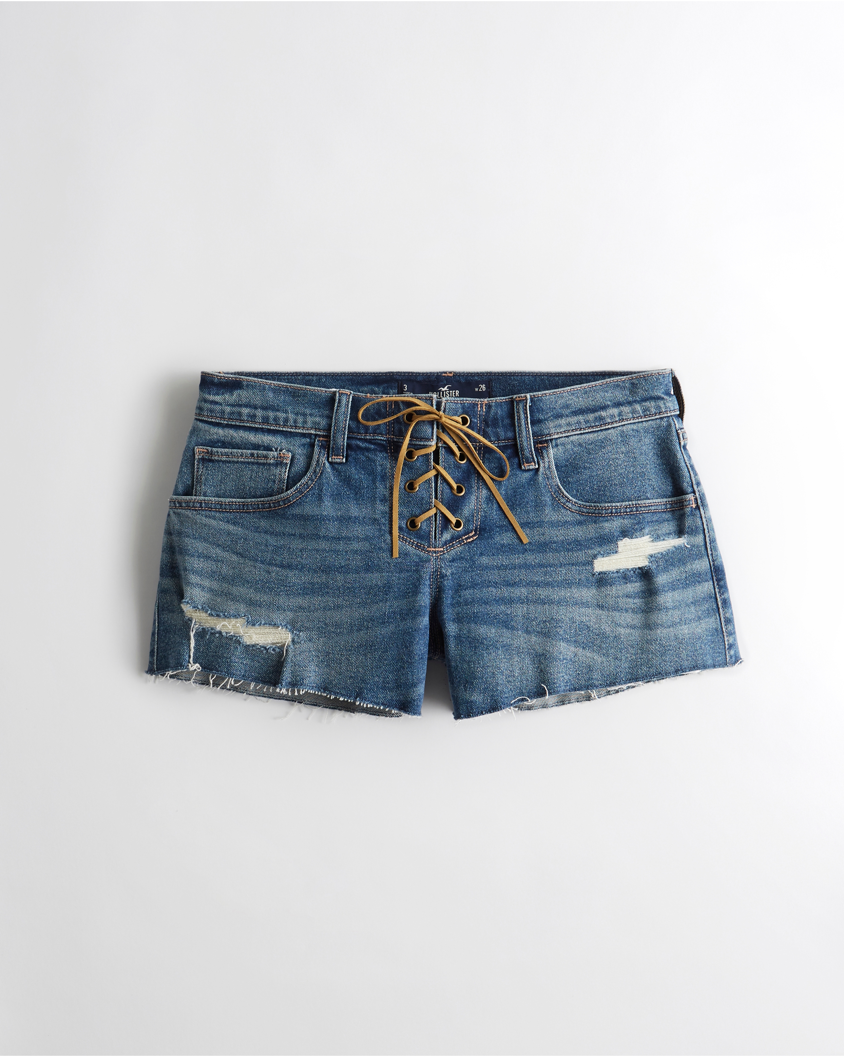 Low-Rise Ripped Dark Wash Lace-Up Vintage Baggy Denim Shorts