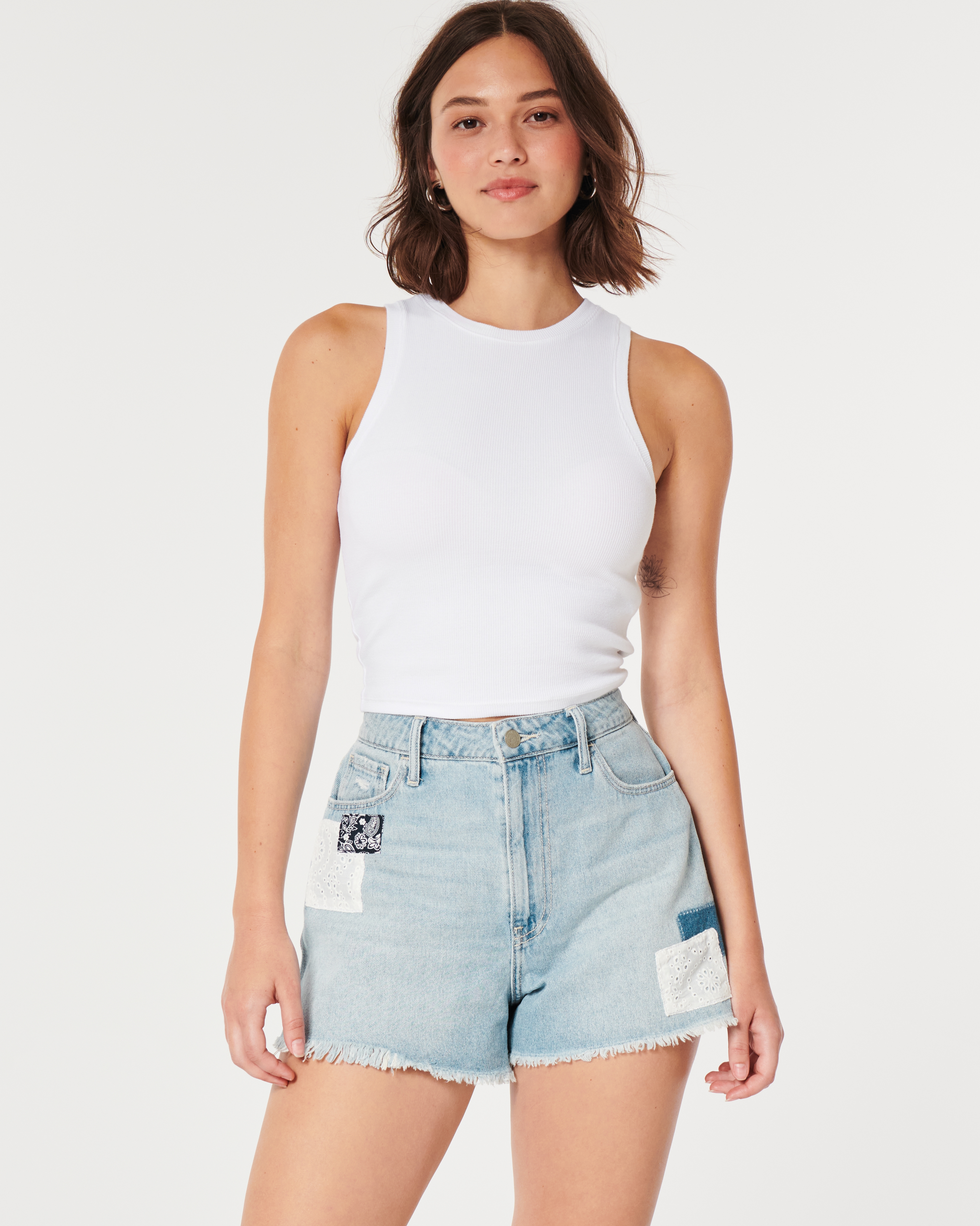 Curvy Ultra High-Rise Light Wash Patchwork Denim Mom Shorts