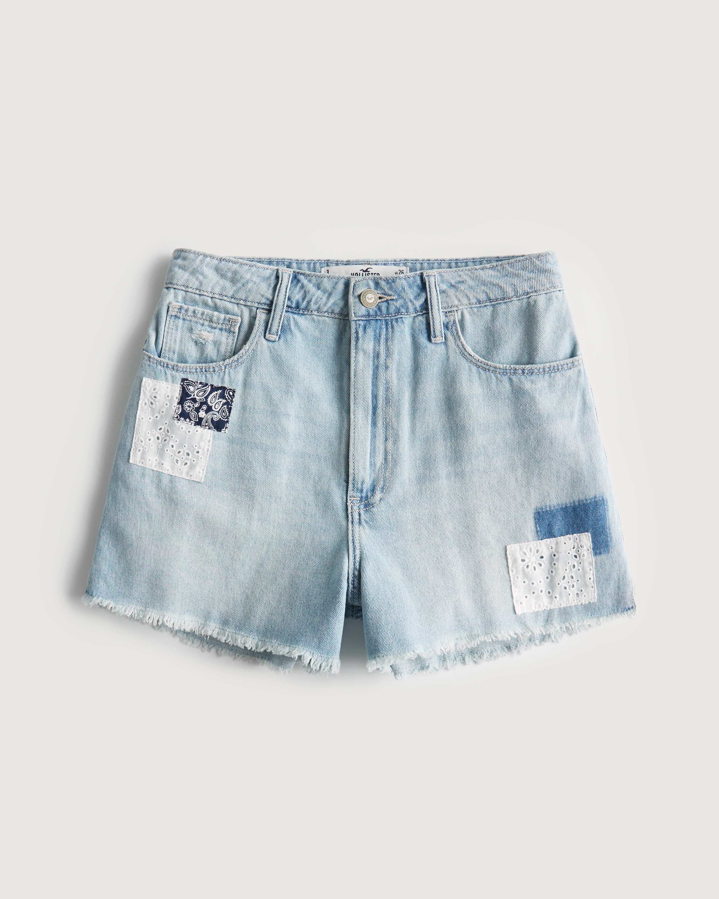 Hollister Curvy Ultra High-Rise Light Wash Patchwork Denim Mom Shorts