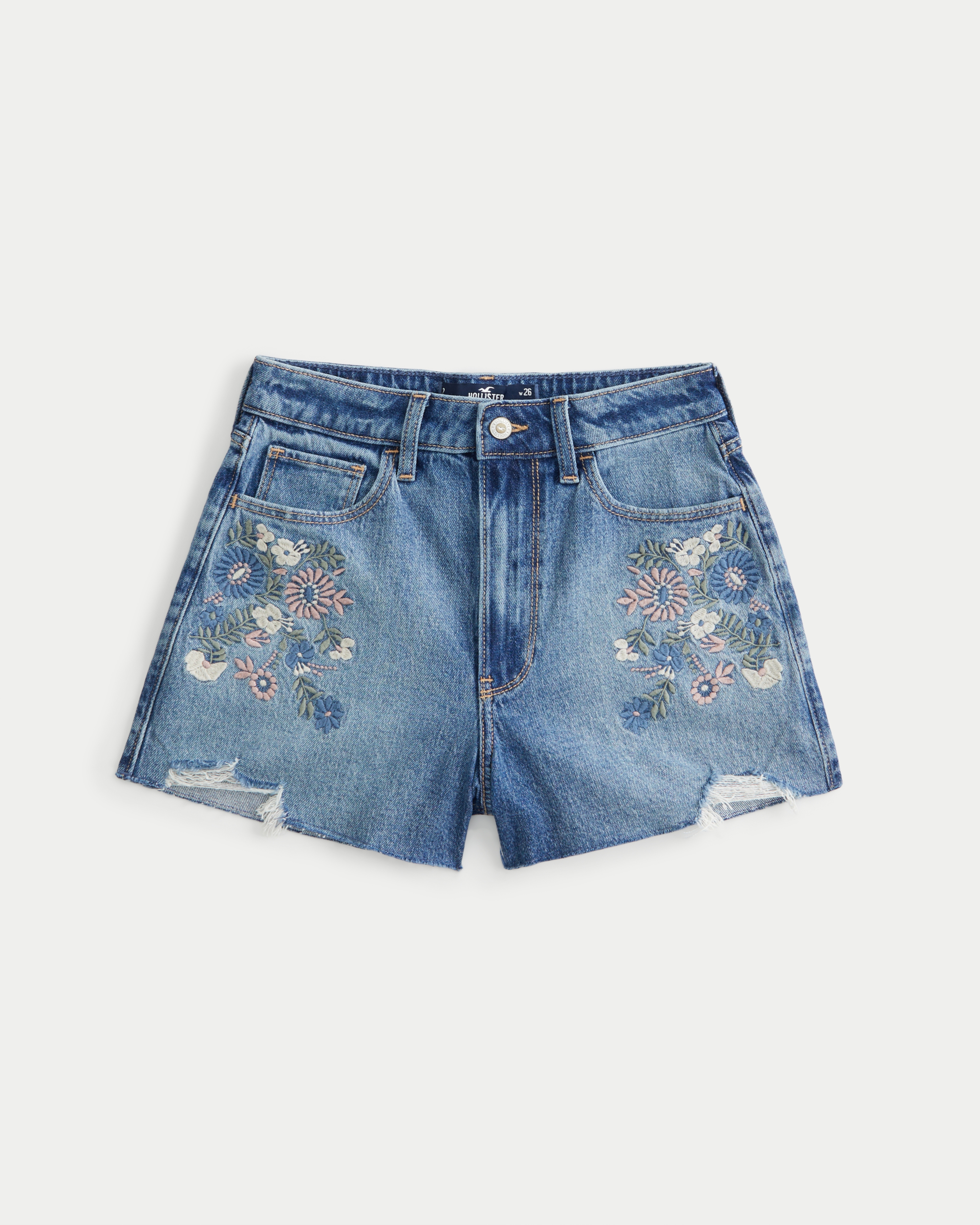 Hollister Ultra High-Rise Embroidered Dark Wash Denim Mom Shorts