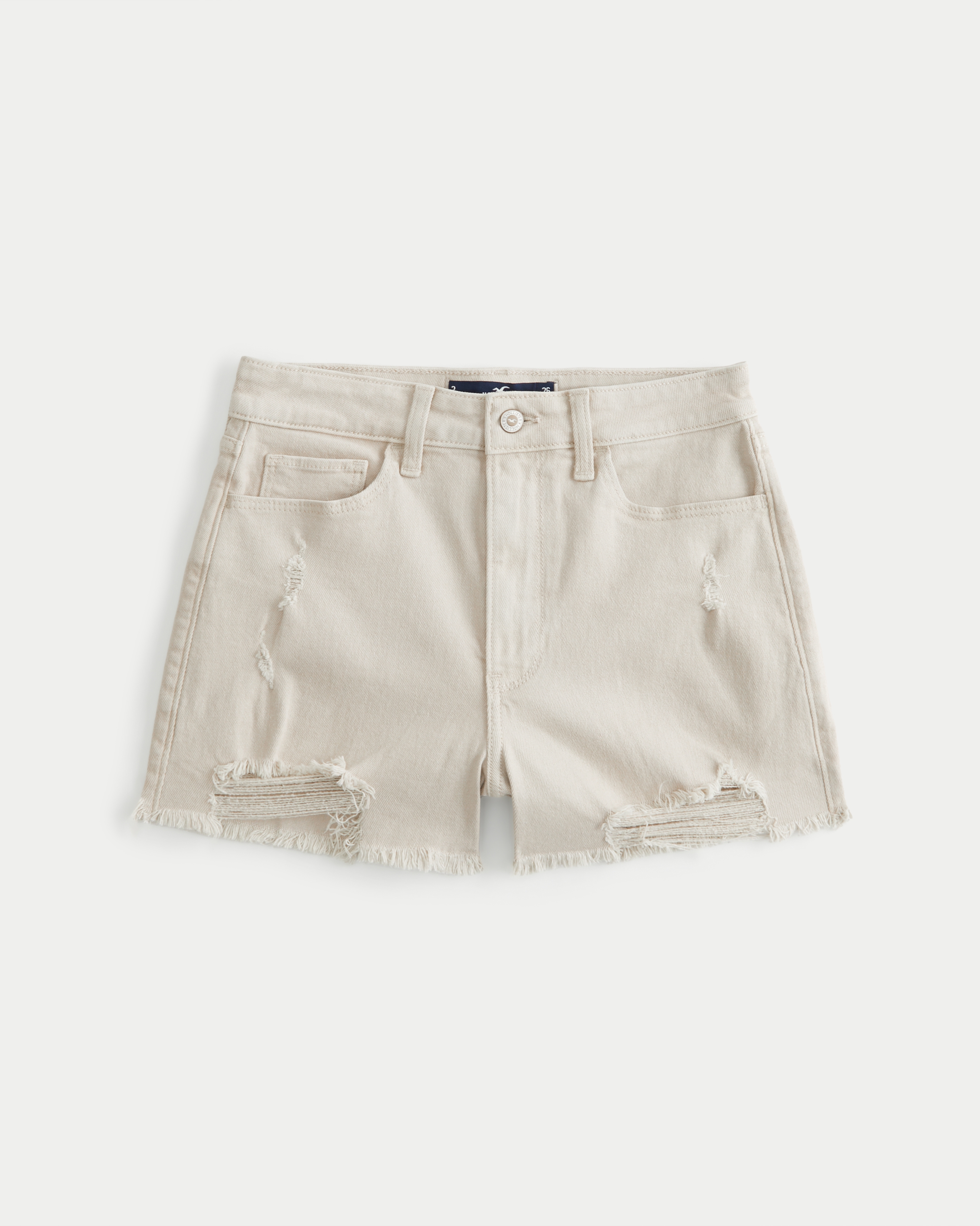 Ultra High-Rise Distressed Cream Denim Mom Shorts