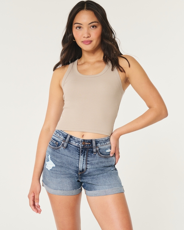 Curvy High-Rise Ripped Dark Wash Denim Shorts 3", Medium Ripped Wash