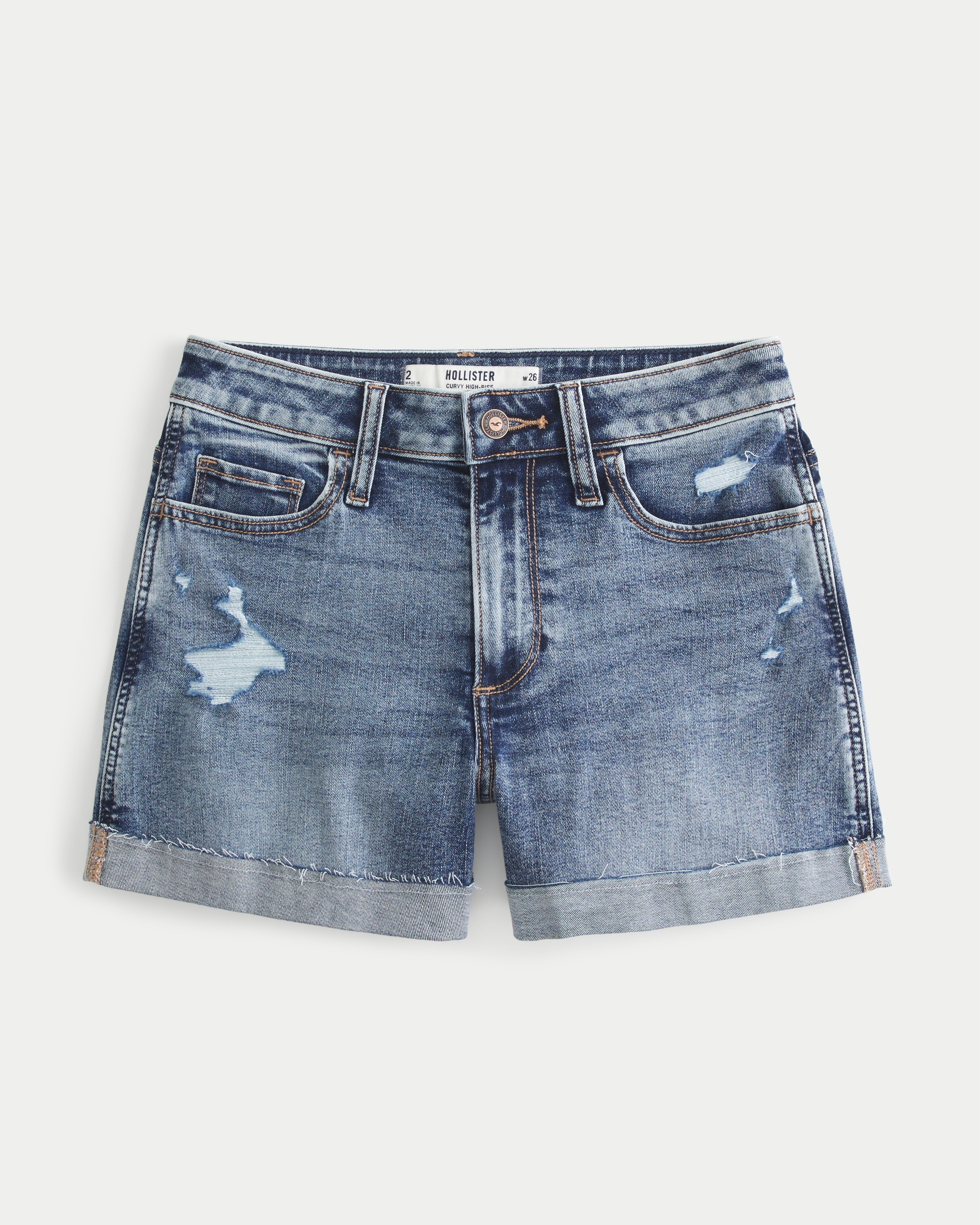 Women s Curvy High Rise Ripped Dark Wash Denim Shorts 3 in Medium Ripped Wash Size 00 0 24W from Hollister