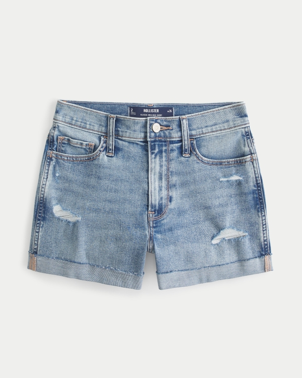 High-Rise Distressed Medium Wash Denim Shorts, Medium Ripped Wash