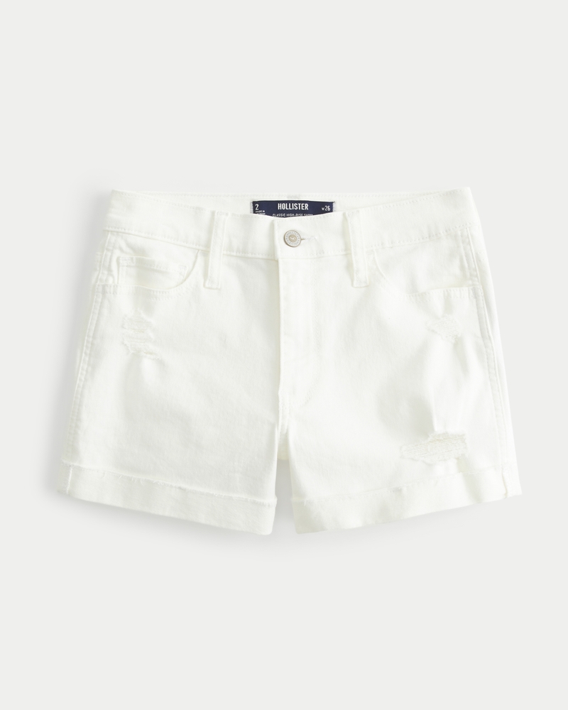 High-Rise Ripped White Denim Shorts 3"