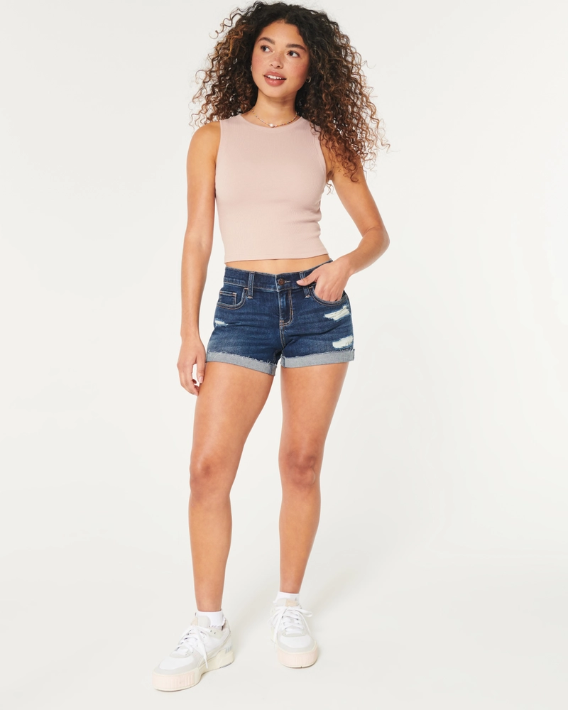 Low-Rise Ripped Dark Wash Denim Shorts
