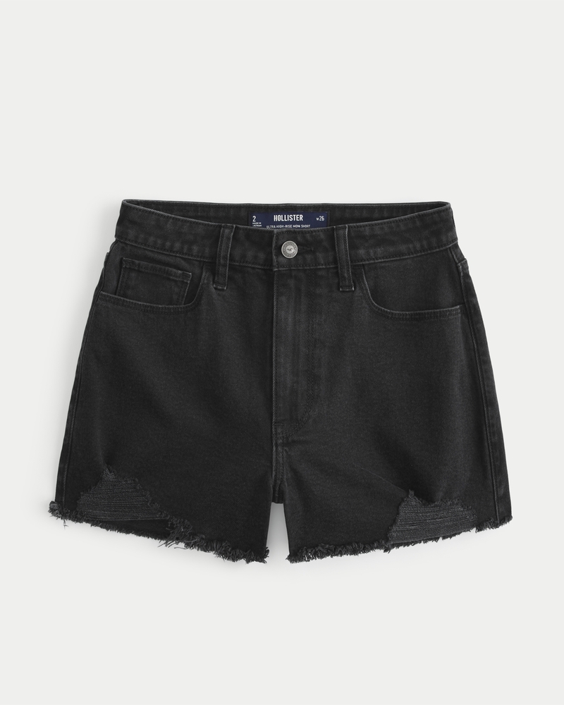 Women's Ultra High-Rise Distressed Black Denim Mom Shorts | Women's ...