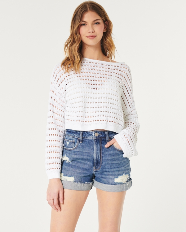 Ultra High-Rise Ripped Medium Wash Denim Mom Shorts, Medium Ripped Wash