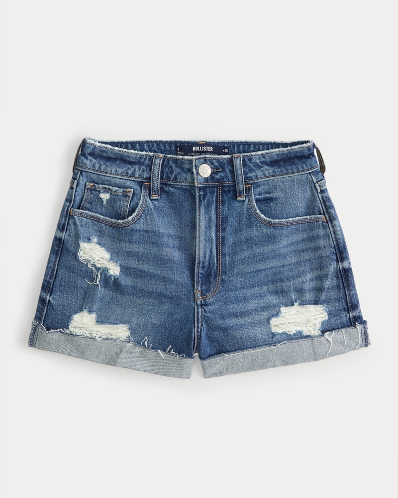 Women s Ultra High Rise Ripped Medium Wash Denim Mom Shorts in Medium Ripped Wash Size 2 3 26W from Hollister