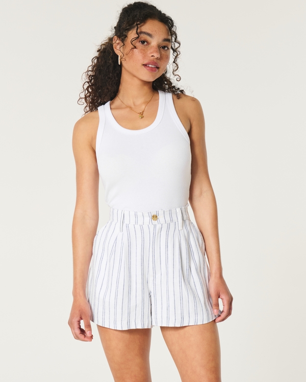 Hollister Livvy Ultra High-Rise Linen Blend Shorts, White Stripe