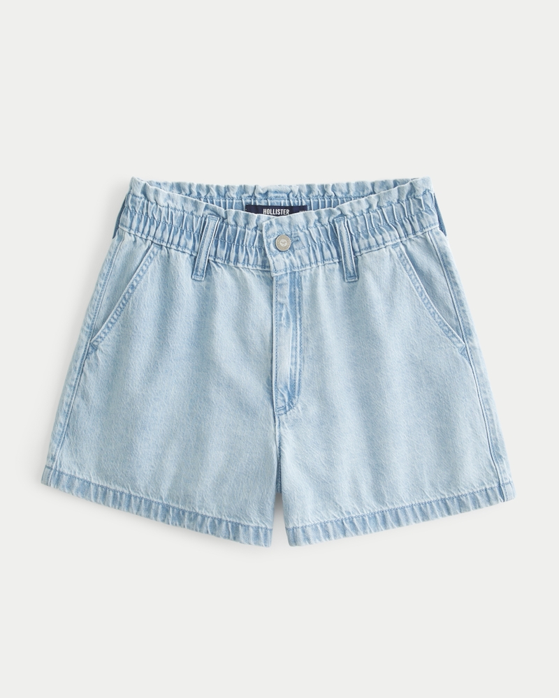 Women s Ultra High Rise Light Wash Paper Bag Waist Denim Mom Shorts Women s Clearance HollisterCo