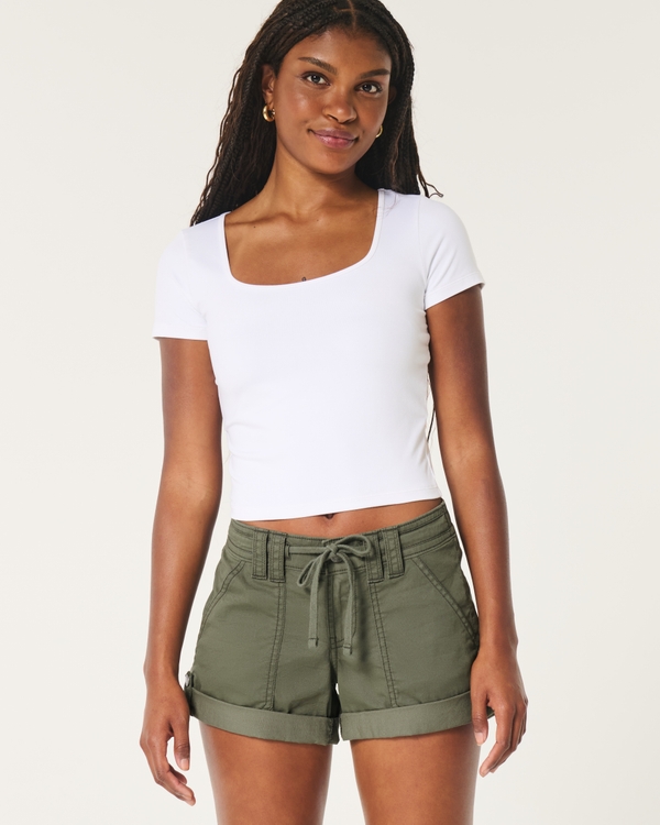 Low-Rise Adjustable Hem Shorts, Dark Olive Green