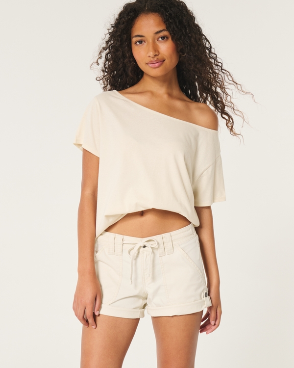 Low-Rise Adjustable Hem Shorts, Cream