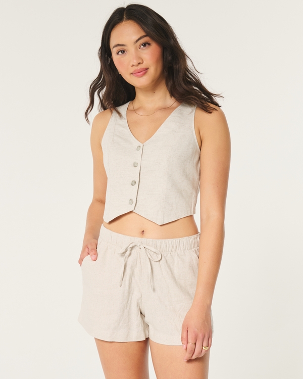 Hollister Ella Linen-Blend Pull-On Shorts, Cream