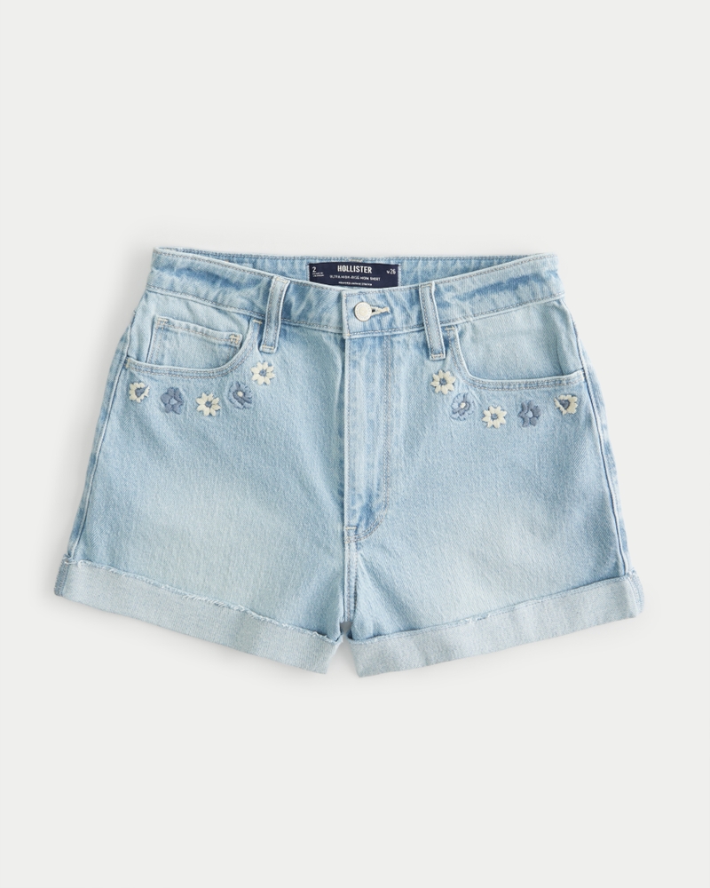 Women s Ultra High Rise Light Wash Embroidered Denim Mom Shorts Women s Clearance HollisterCo