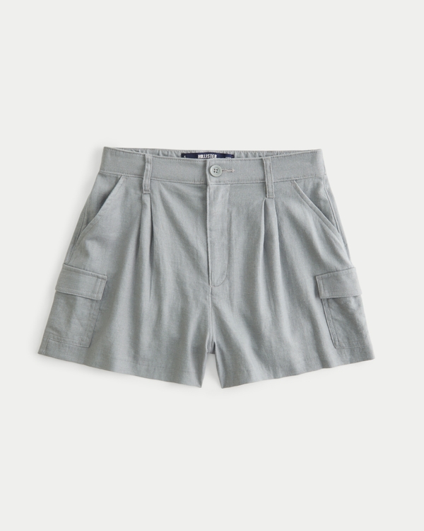 Ultra High-Rise Linen Blend Cargo Shorts, Grey
