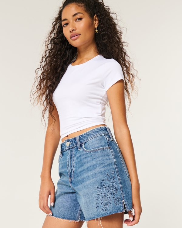 High-Rise Embroidered Relaxed Denim Shorts 5", Medium Destroy