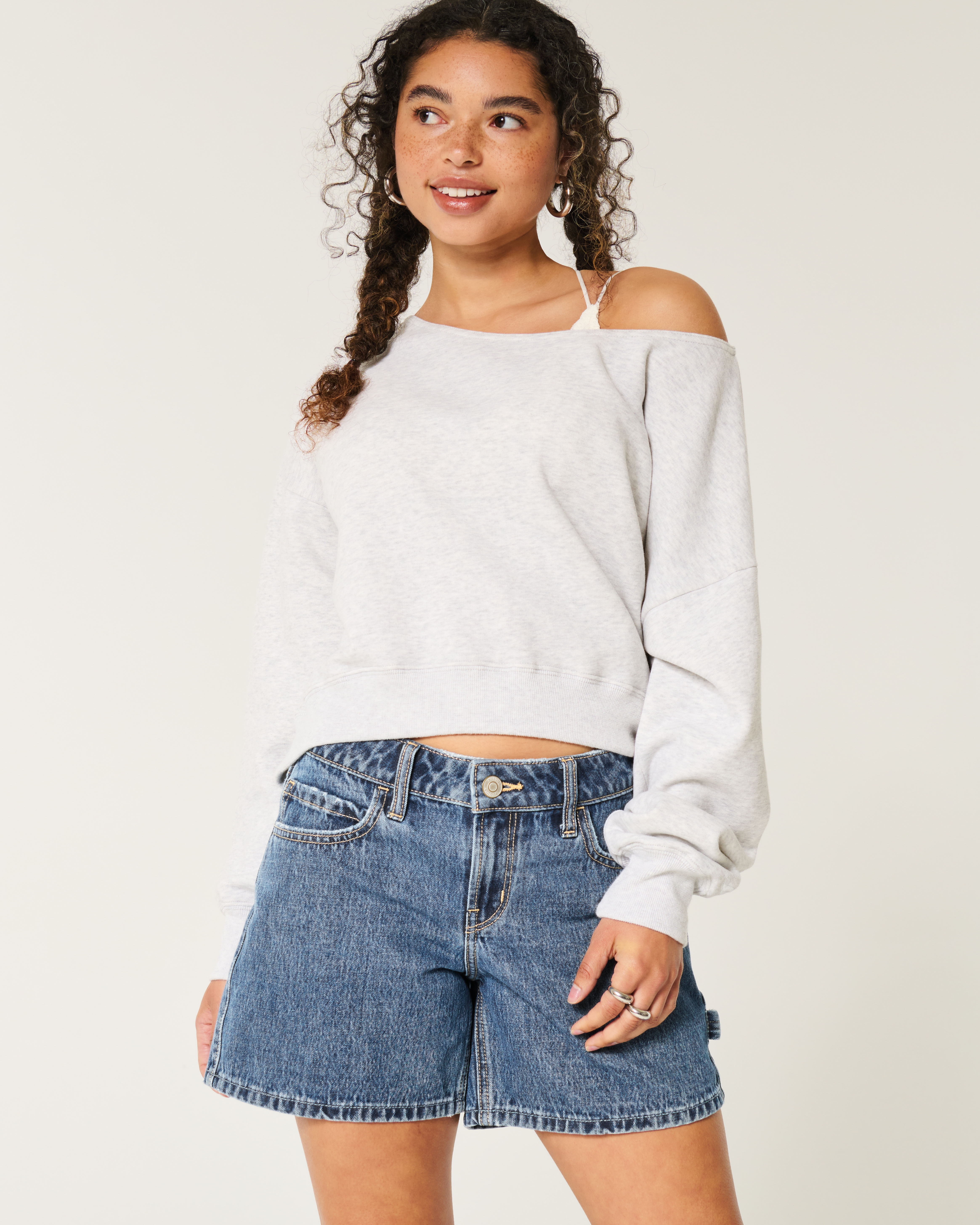 Low-Rise Medium Dark Wash Baggy Denim Carpenter Shorts 5"