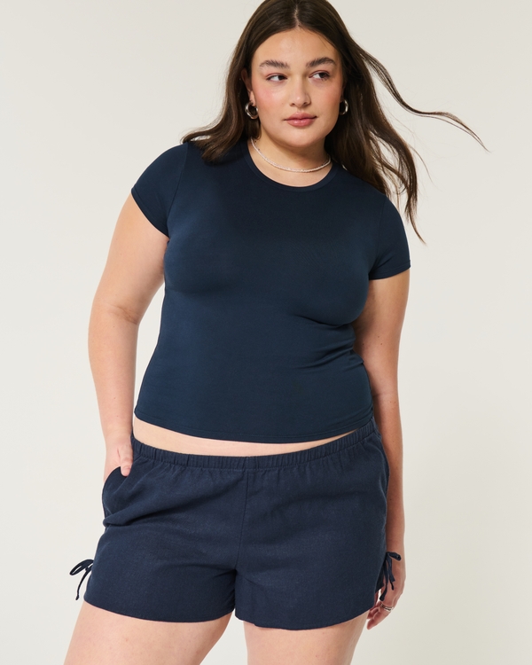 Linen-Blend Side Bow Soft Shorts, Navy Blue view 1