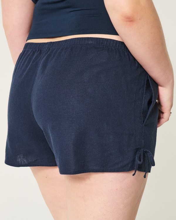 Linen-Blend Side Bow Soft Shorts, Navy Blue view 2