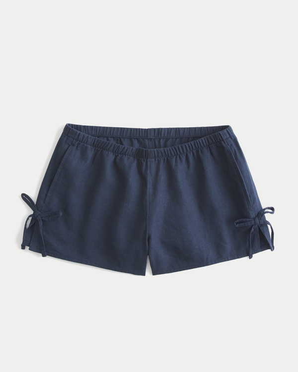 Linen-Blend Side Bow Soft Shorts, Navy Blue view 2