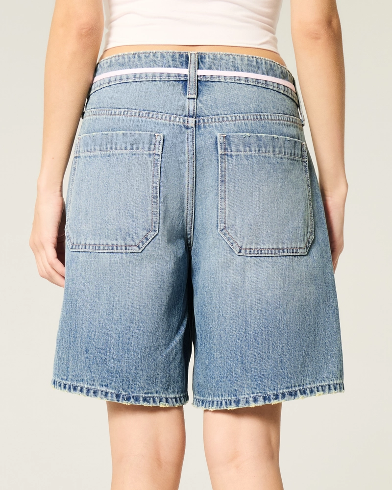 Low-Rise Shoelace Waist Baggy Denim Shorts