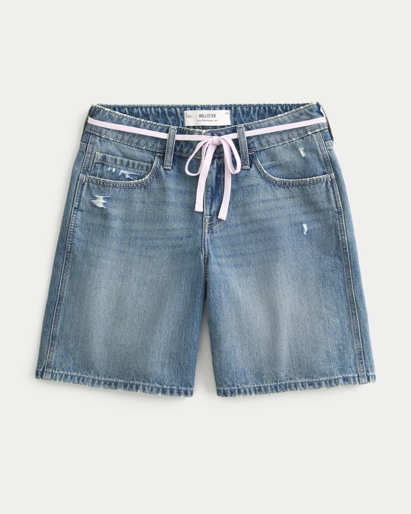 Low-Rise Shoelace Waist Baggy Denim Shorts