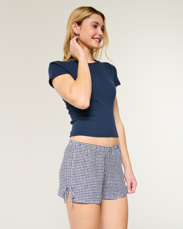 Linen-Blend Side Bow Soft Shorts, White Check view 1