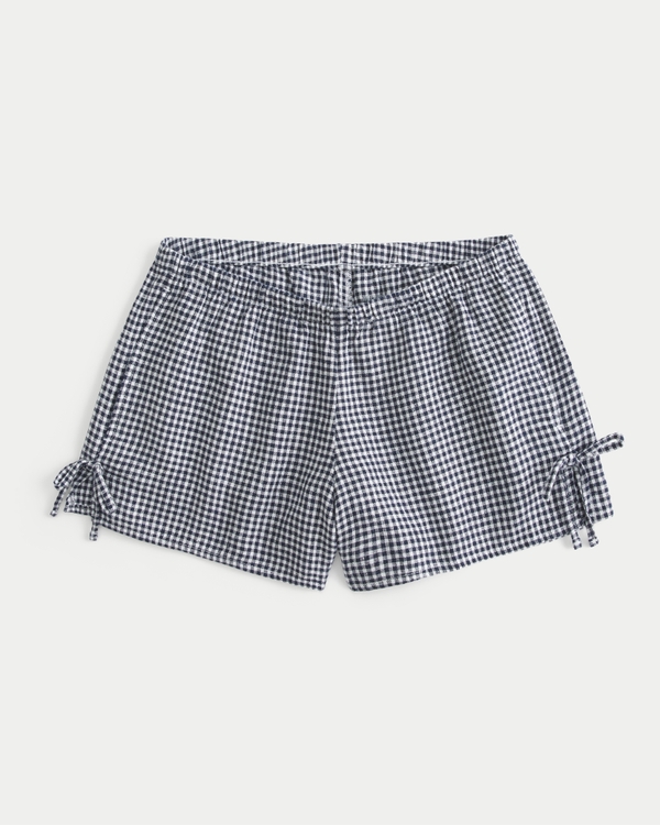 Linen-Blend Side Bow Soft Shorts, White Check view 2