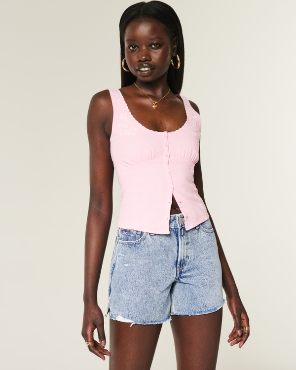 High-Rise Medium Wash Shell Embroidered Baggy Denim Shorts 5", Medium Ripped view 1