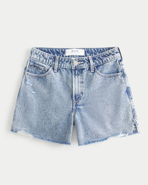 High-Rise Medium Wash Shell Embroidered Baggy Denim Shorts 5", Medium Ripped view 2