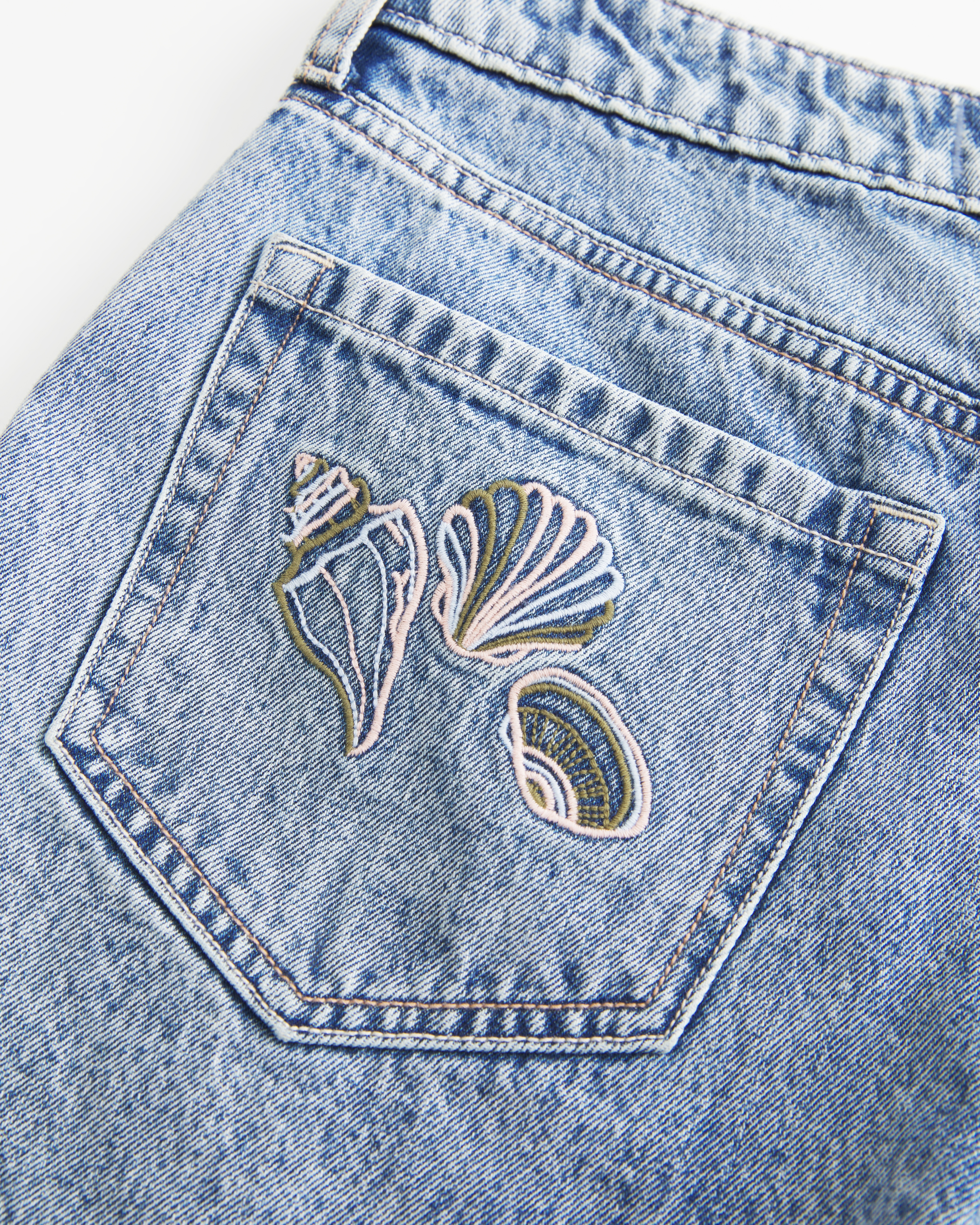 High-Rise Medium Wash Shell Embroidered Baggy Denim Shorts 5"