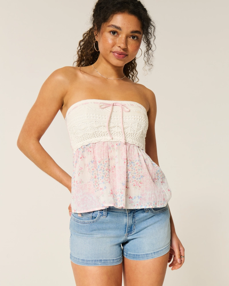 Low-Rise Light Wash Floral Embroidered Denim Shortie Shorts