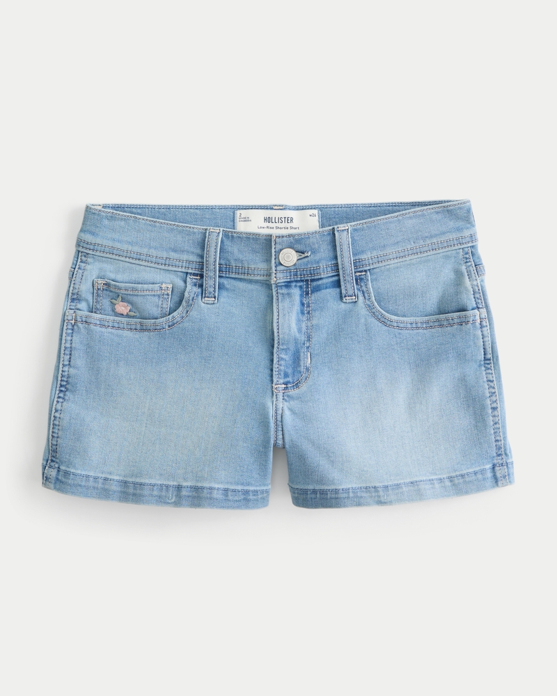 Women's Low-Rise Light Wash Floral Embroidered Denim Shortie