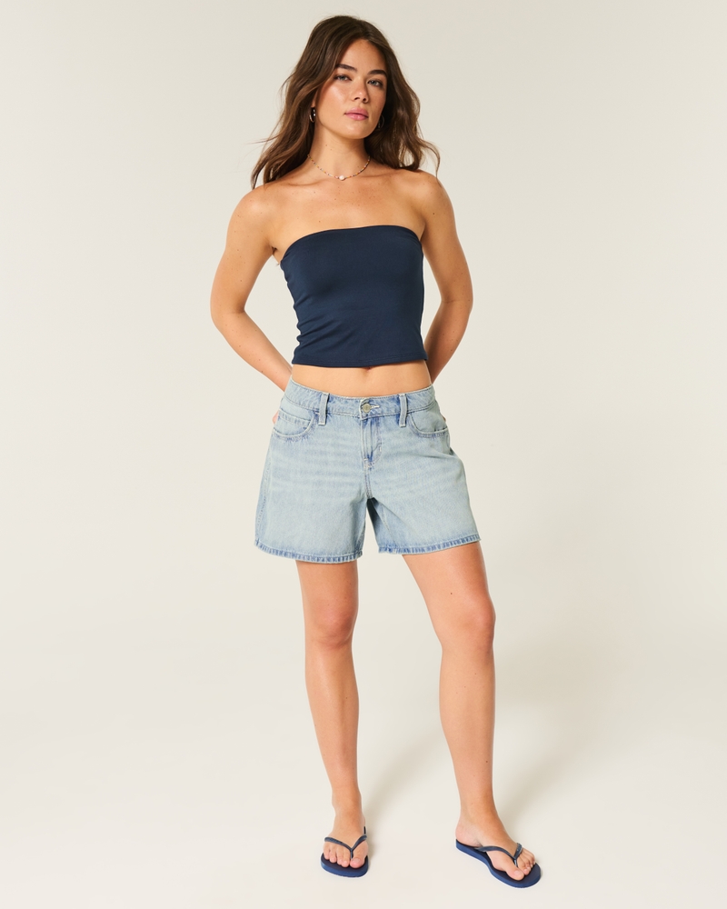 Low-Rise Light Wash Foldover Waist Baggy Denim Shorts 5"