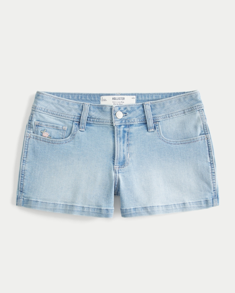 Curvy Low-Rise Light Wash Floral Embroidered Denim Shortie Shorts