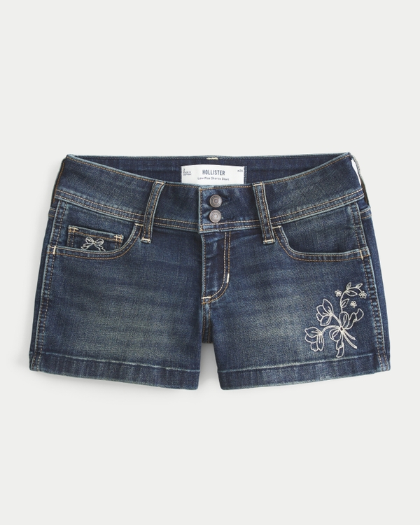 Women's Low-Rise Dark Wash Embroidered Denim Shortie Shorts