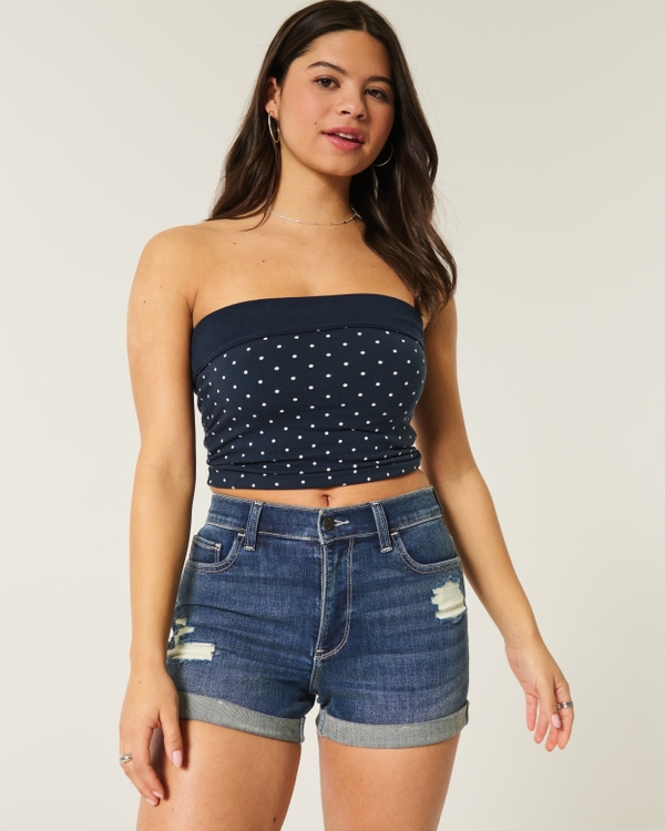 High-Rise Ripped Dark Wash Denim Shortie Shorts, Dark view 1