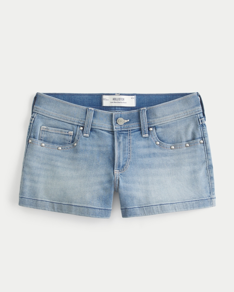 Low-Rise Medium Wash Studded Denim Shortie Shorts