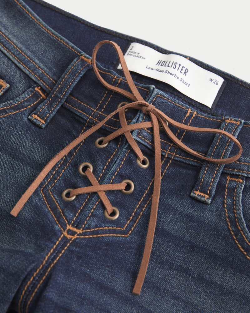 Low-Rise Dark Wash Lace Up Denim Shortie Shorts