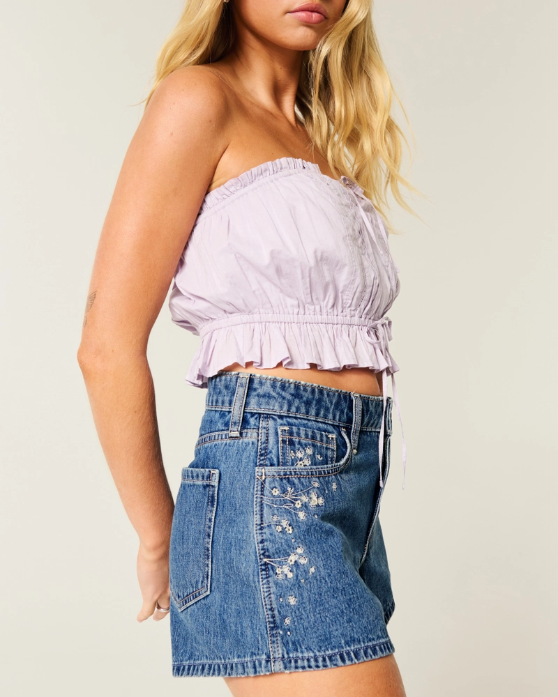High-Rise Medium Wash Floral Embroidered A-Line Denim Shorts