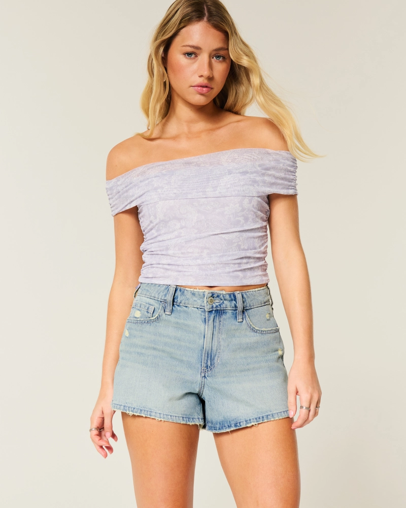 High-Rise Distressed Light Wash A-Line Denim Shorts