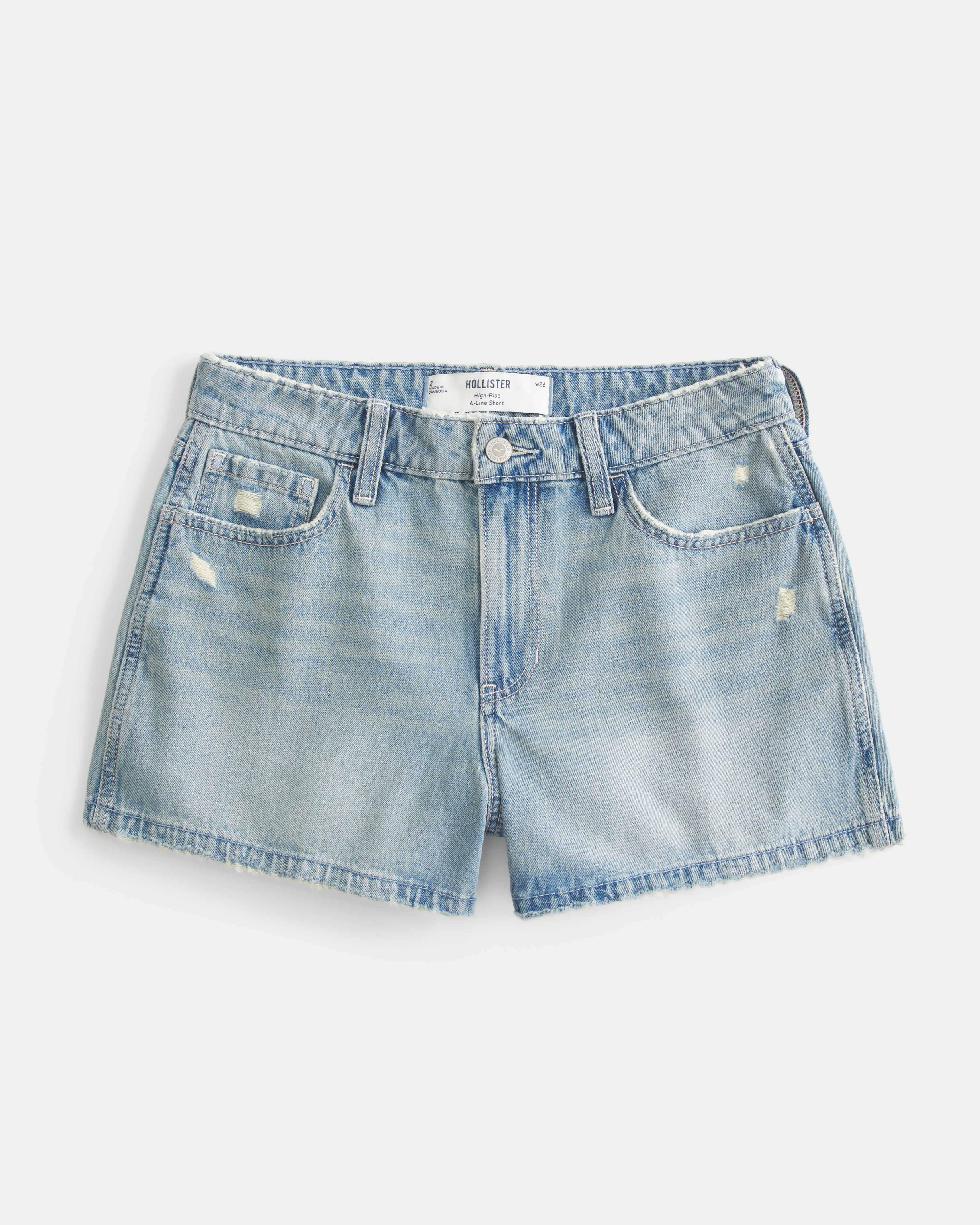High-Rise Distressed Light Wash A-Line Denim Shorts