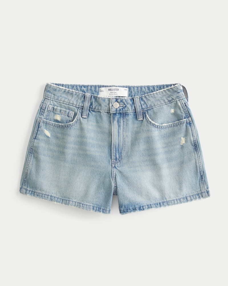 High-Rise Distressed Light Wash A-Line Denim Shorts