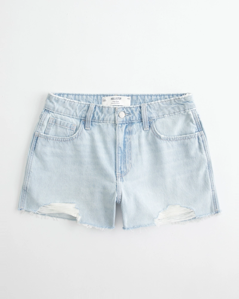 High-Rise Ripped Light Wash A-Line Denim Shorts