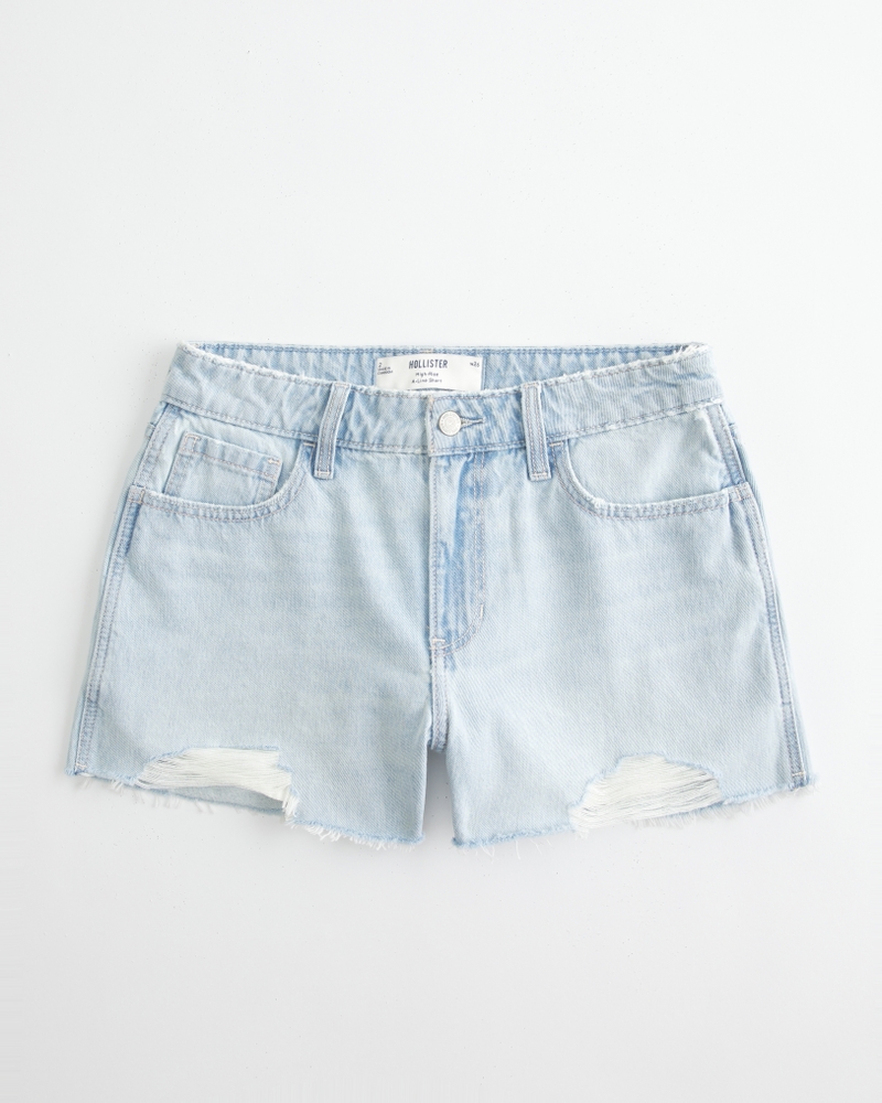 High-Rise Ripped Light Wash A-Line Denim Shorts