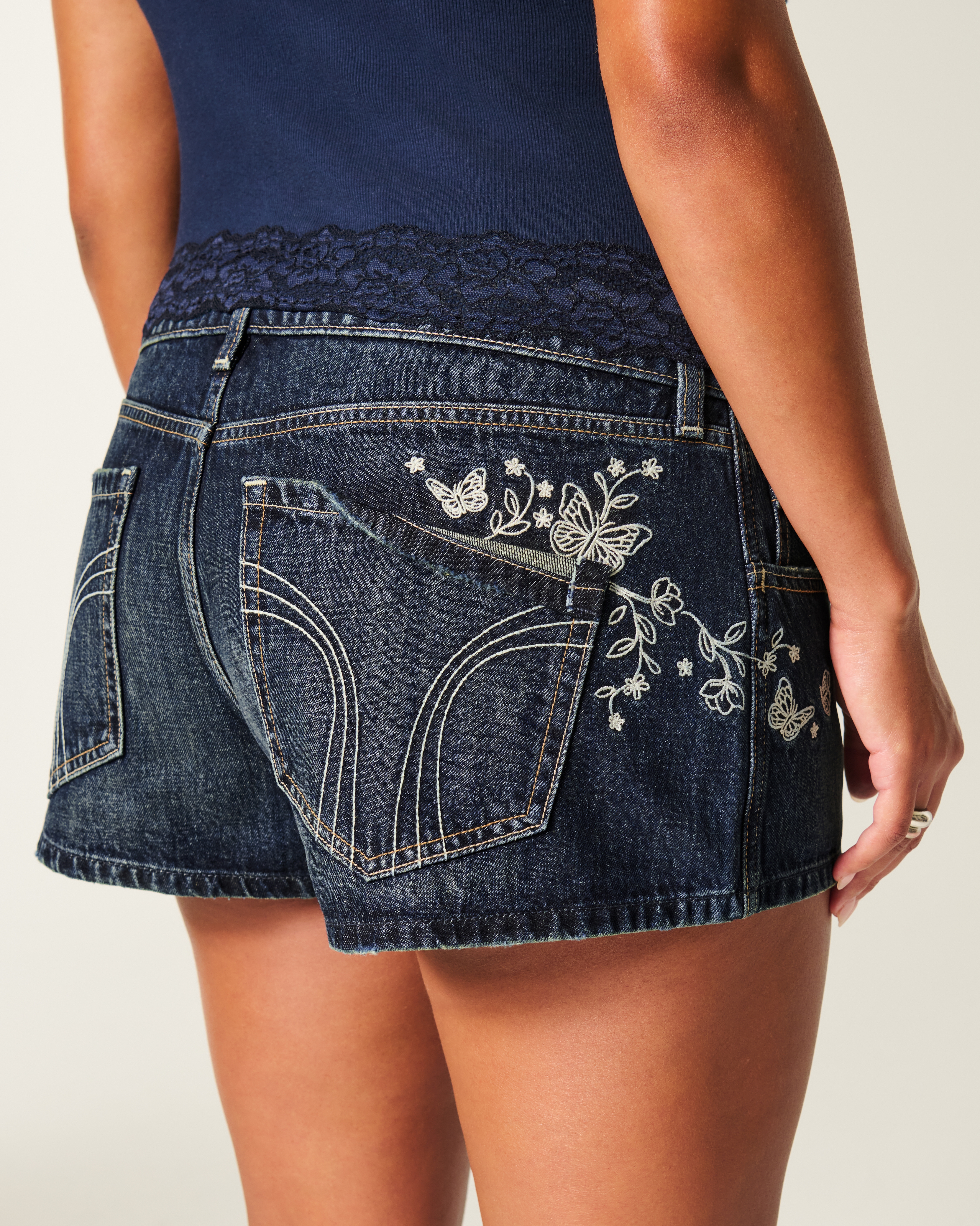 Hollister Ultra Low-rise Dark Wash Butterfly Embroidered Denim Mini Shorts