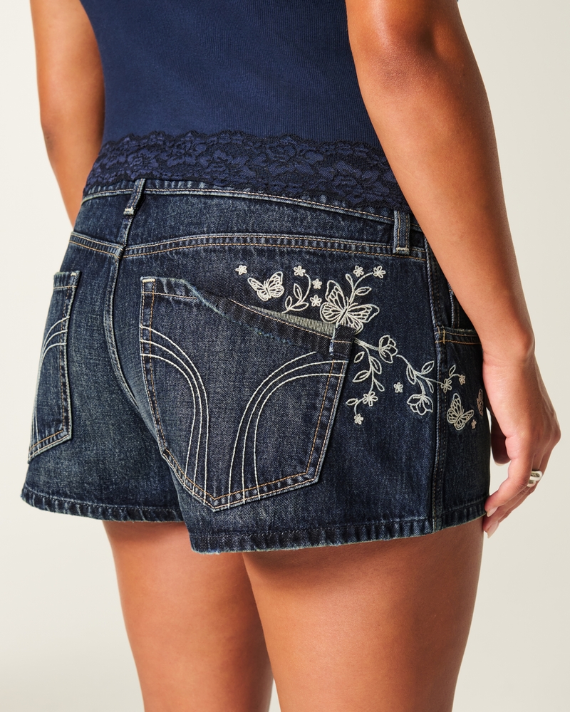 Ultra Low-Rise Dark Wash Butterfly Embroidered Denim Mini Shorts